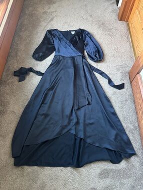 DKNY Navy Wrap Midi Dress Tie Waist V Neck 3/4 Sleeve Flowy Elegant SIZE 12